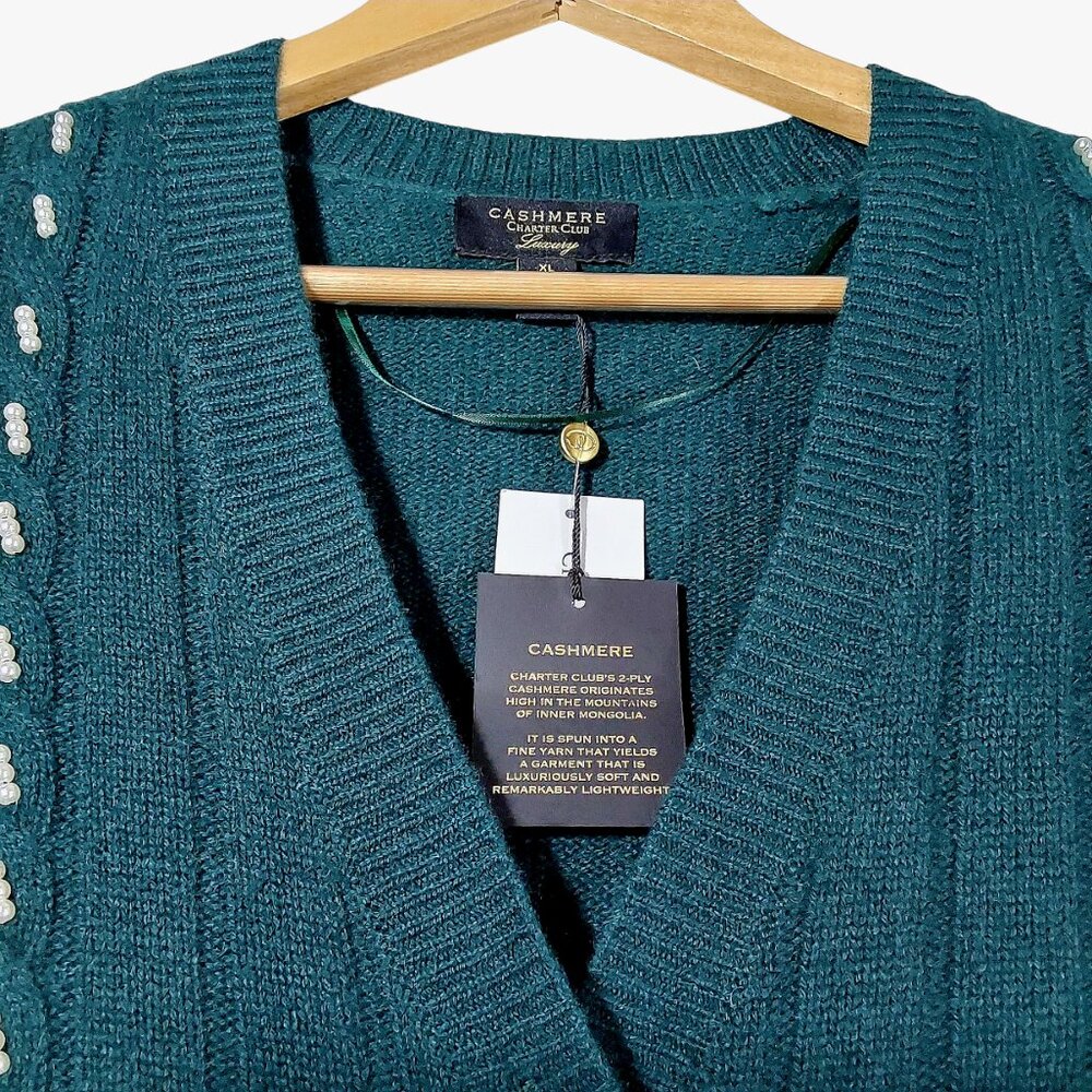NWT Charter Club 100% Cashmere Boyfriend Cardigan Teal w Faux Pearl Accents - XL - Picture 3 of 7